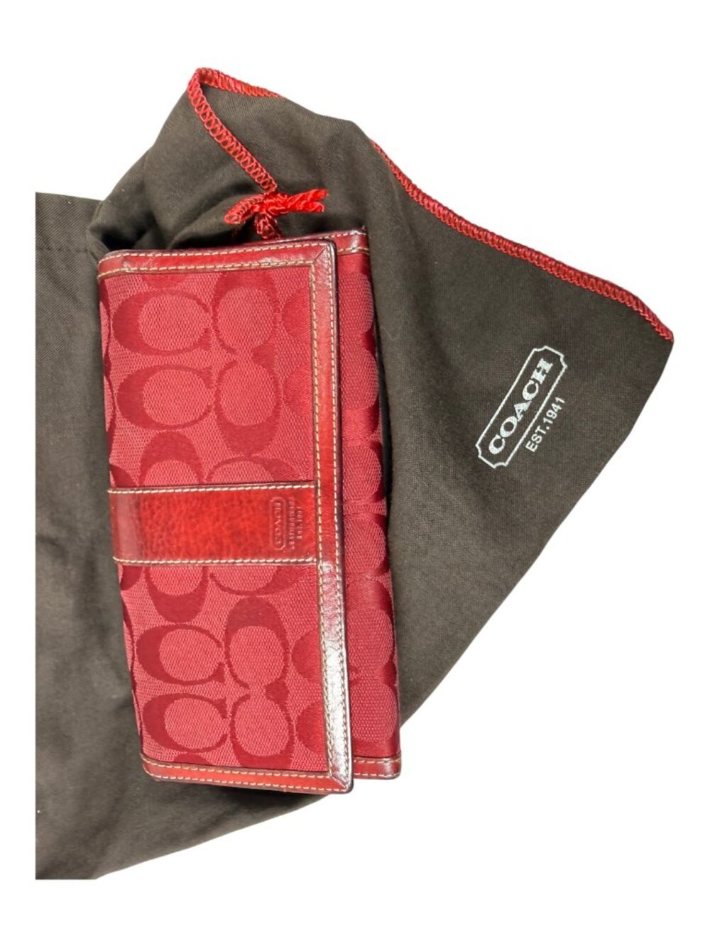 Coach Signature Red Jacquard Leather Trim Checkbook Wallet Wristlet Vintage Y2K